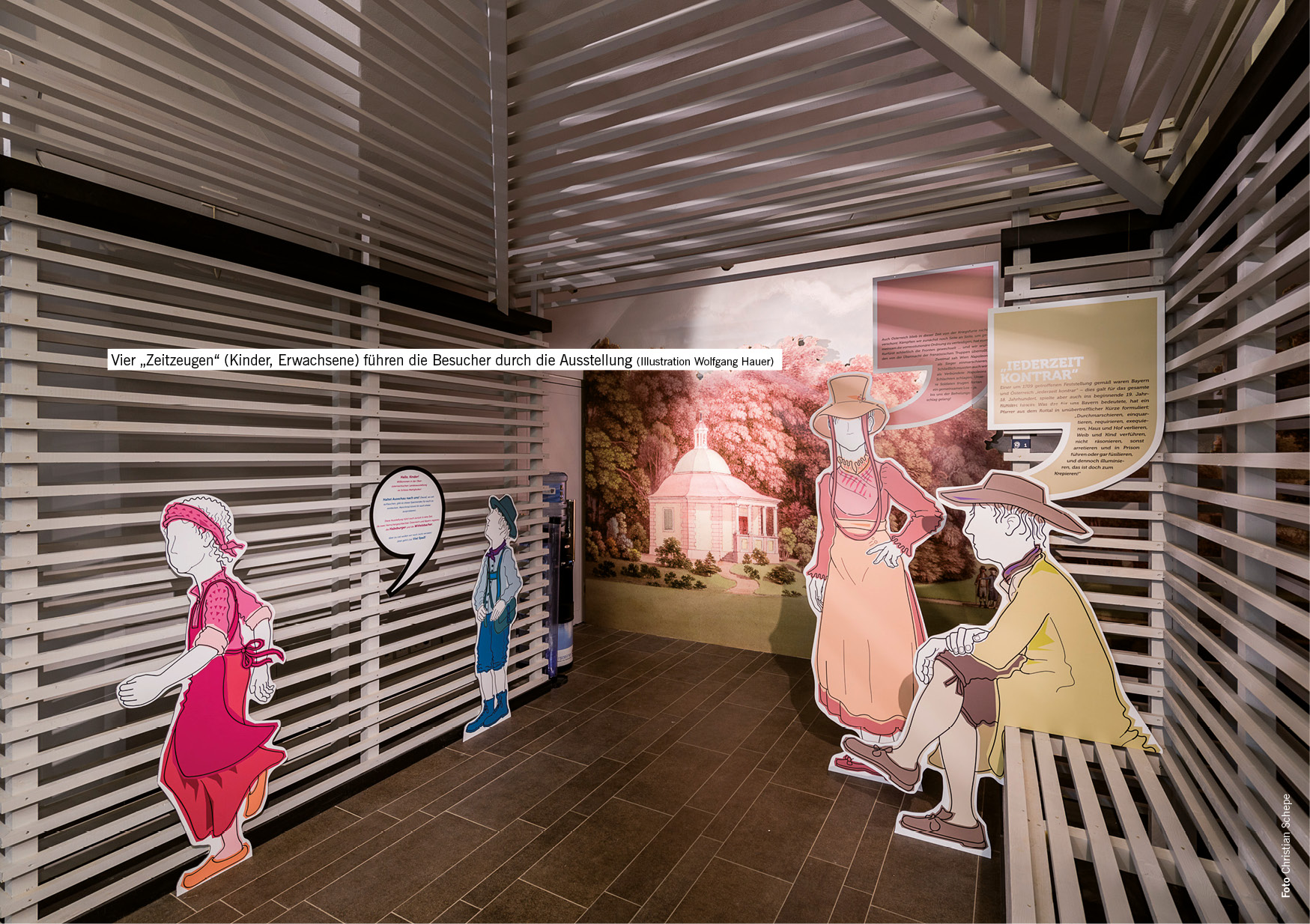 Vier „Zeitzeugen“ (Kinder, Erwachsene) führen die Besucher durch die Ausstellung
